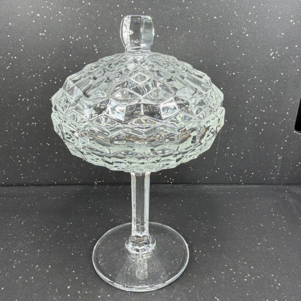 Fostoria American Clear Glass Cubist Pedestal Compote Lidded Candy Dish 9in Tall